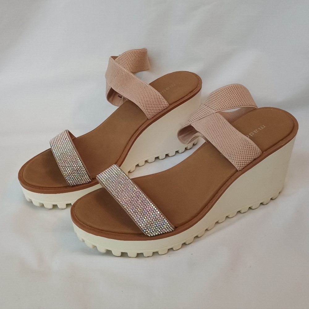 Madden Girl Carlot Wedge Sandal Womens 8.5 M Lug Sole Rhinestone Tan Ivory